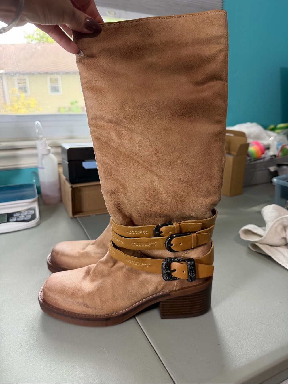 White Mountain Tan Mid-Calf Buckle Heeled Boots
